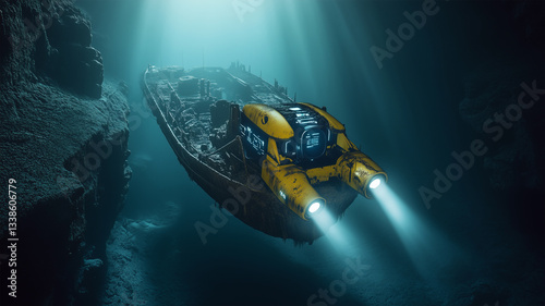 水中ヘルメットロボットが沈没船を探索する、未来の深海調査の神秘的なシーン photo