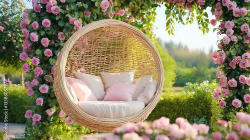 A romantic Provence-style garden nook featuring a suspended wicker chair draped in soft cushions, surrounded by deep burgundy and salmon-hued climbing roses