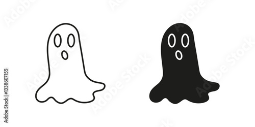 Scary Ghost Line and Silhouette Icon Set. Spooky Halloween Spirit Symbol. Editable Stroke. Isolated Vector Illustration