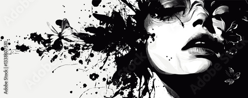 Abstract monochrome female portrait with artistic ink splatter and butterfly detail.