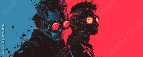 Two futuristic men in neon masks with red and blue backgrounds, cyberpunk style.