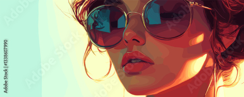 Colorful artistic portrait of young woman with sunglasses in close-up.