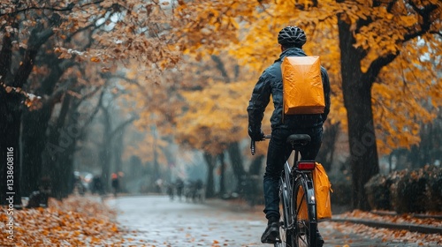A cyclist rides through a park during autumn rain showers