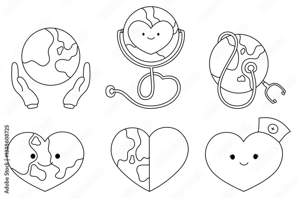 World health day set doodle outline World health day set doodle outline