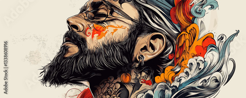 Artistic portrait of bearded man with colorful abstract tattoo designs.