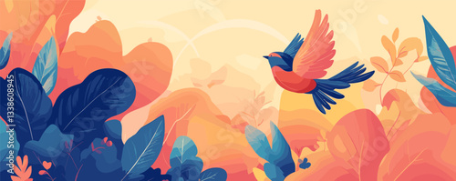 Vibrant bird soaring above lush artistic foliage in sunset colors.