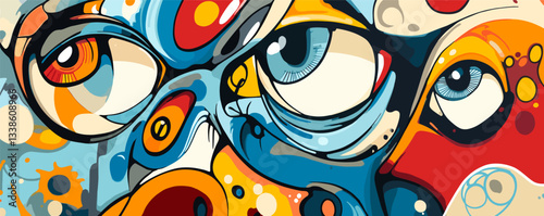 Abstract colorful painting with large eyes in surreal artistic design.