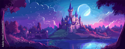 Enchanted castle at night with moonlit sky and starry reflections in lake.