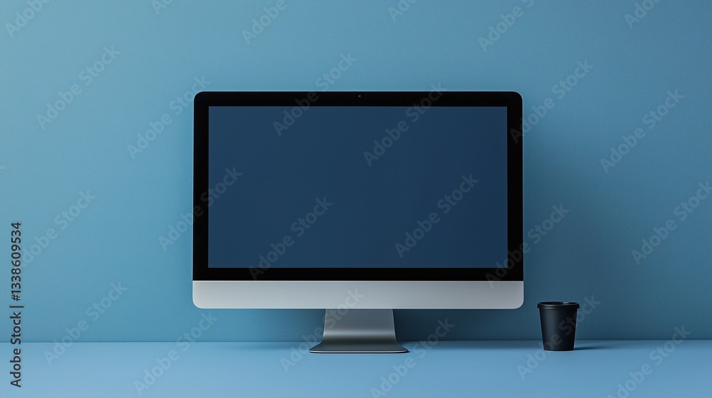 Minimalist Blue Background with Blank Screen Computer and Coffee Cup Minimalist Blue Background with Blank Screen Computer and Coffee Cup