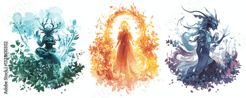 Three elemental spirits surrounded by nature, each representing water, fire, and air.