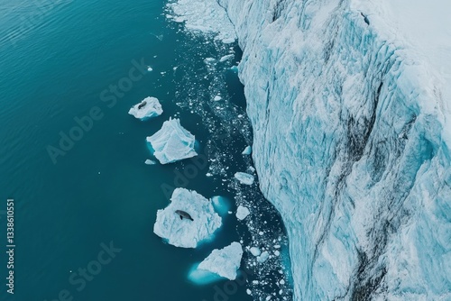 Drone view of glacier terminus meeting ocean aerial photography arctic environment stunning landscape icebergs nature's majesty