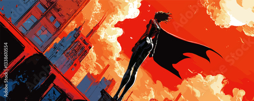 Heroic figure overlooking a cityscape at sunset with dramatic sky and billowing cape.