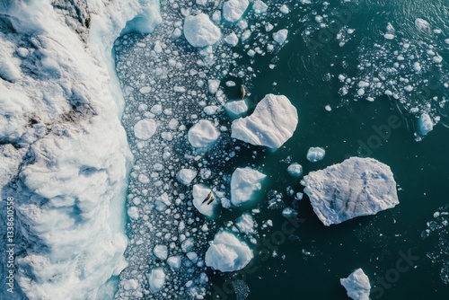 Drone view of glacier terminus meeting ocean waters stunning arctic landscape aerial photography natural environment high-altitude perspective glacial movement and dynamics