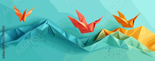 Colorful origami birds flying over geometric mountains in tranquil abstract landscape.
