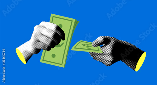 Modern collage with halftone hands count paper money. Concepts of finance, economics and savings. Financial management. Person holding banknotes