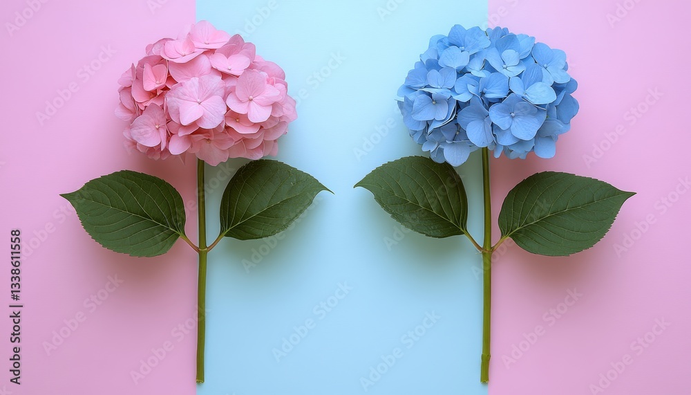 Obraz premium Pink and blue Hydrangea flowers arranged on minimalist pastel background with copy space, top view.