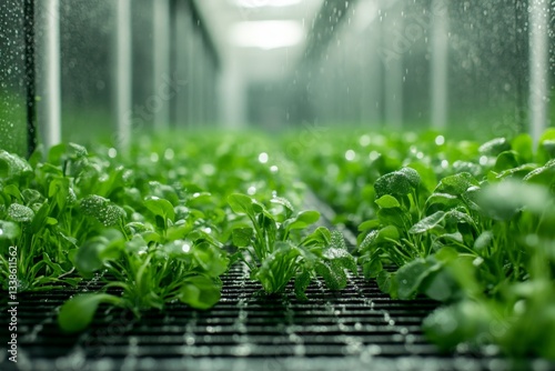 Fresh greens growing in a hydroponic greenhouse during the morning hours with mist settling on the leaves