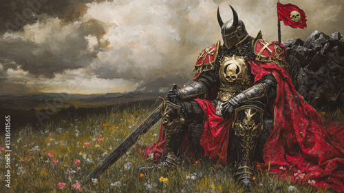 Grimdark Knight Resting in Meadow, Skull Flag Background