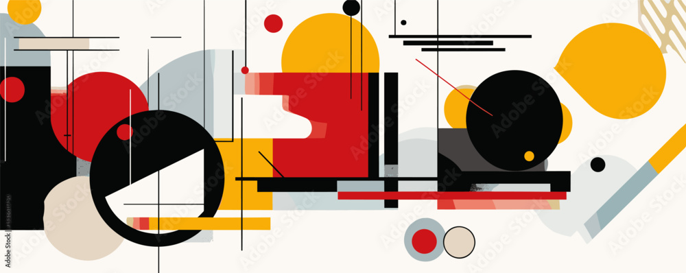 Modern abstract art with geometric shapes in red, yellow, and black on light background. Modern abstract art with geometric shapes in red, yellow, and black on light background.