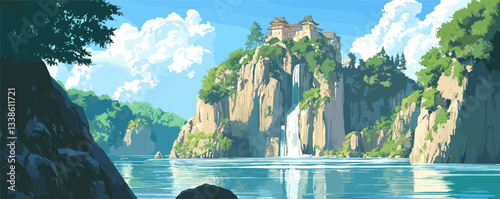 Majestic cliffside castle with waterfall and lush trees in serene lake landscape.