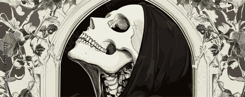 Hooded skeleton gazing upward amidst floral arch in monochrome art.