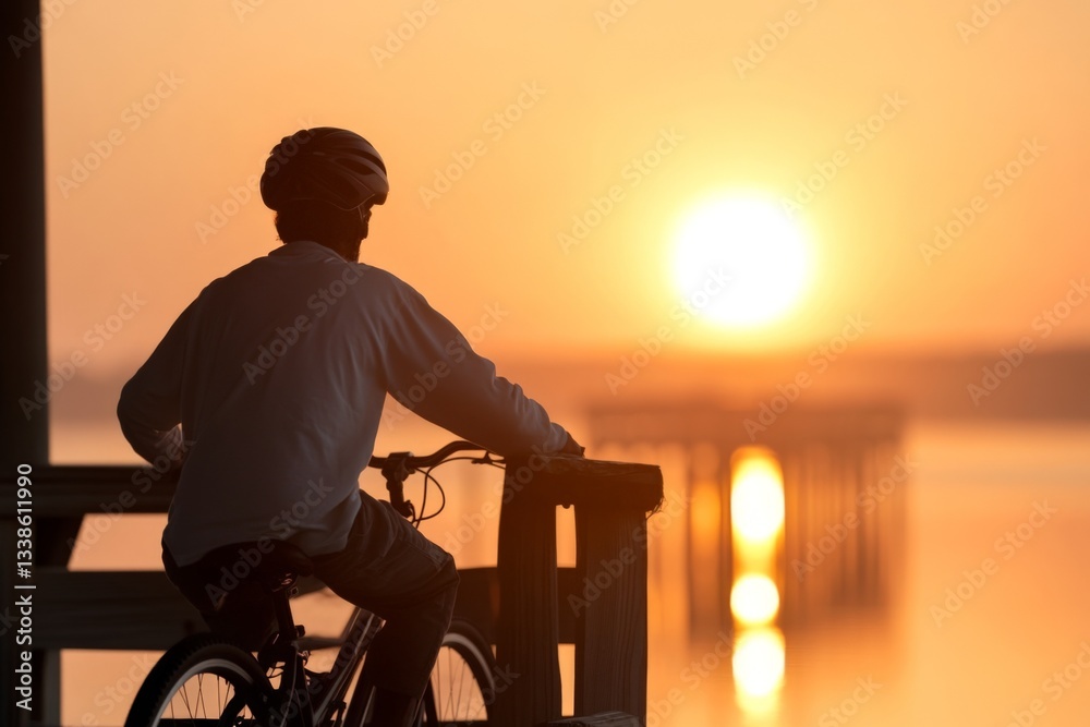 Fototapeta premium Enjoying the sunset while biking by the tranquil water at the pier
