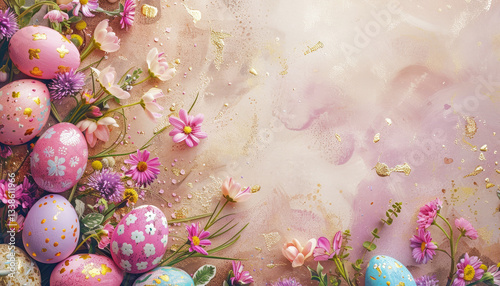 Pastel-colored Easter eggs with gold speckles arranged with cherry blossoms on a warm, textured background. AI generated illustration.