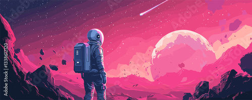 Astronaut gazing at shooting star in vibrant pink martian landscape with moonlit sky.