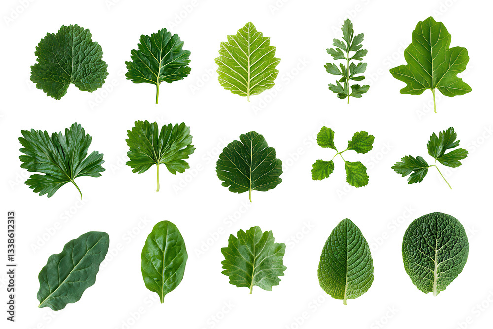Various Green Leaves Displayed on a Dark Background Various Green Leaves Displayed on a Dark Background