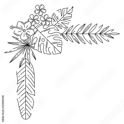 Corner with stylized palm leaves. Decorative image of tropical foliage and plants.