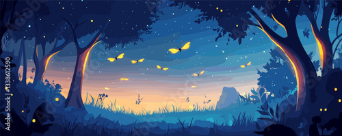 Magical forest at dusk with glowing fireflies and surreal night sky.
