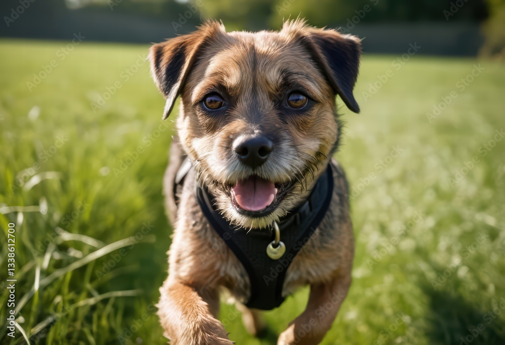 portrait of a Border terrier running happy on the green grass of a urban city park, doggy playing outdoors in downtown portrait of a Border terrier running happy on the green grass of a urban city park, doggy playing outdoors in downtown