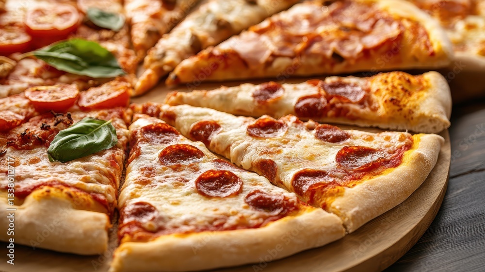 A mouth-watering spread of pizza featuring assorted toppings such as pepperoni, vegetables, and cheese, perfect for satisfying cravings in a delicious and enjoyable meal. A mouth-watering spread of pizza featuring assorted toppings such as pepperoni, vegetables, and cheese, perfect for satisfying cravings in a delicious and enjoyable meal.