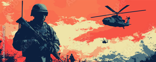 Silhouetted soldiers and helicopters in vibrant battlefield scene at sunset.