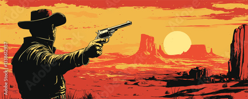 Lone gunslinger silhouette at sunset in desert landscape with revolver pointed.
