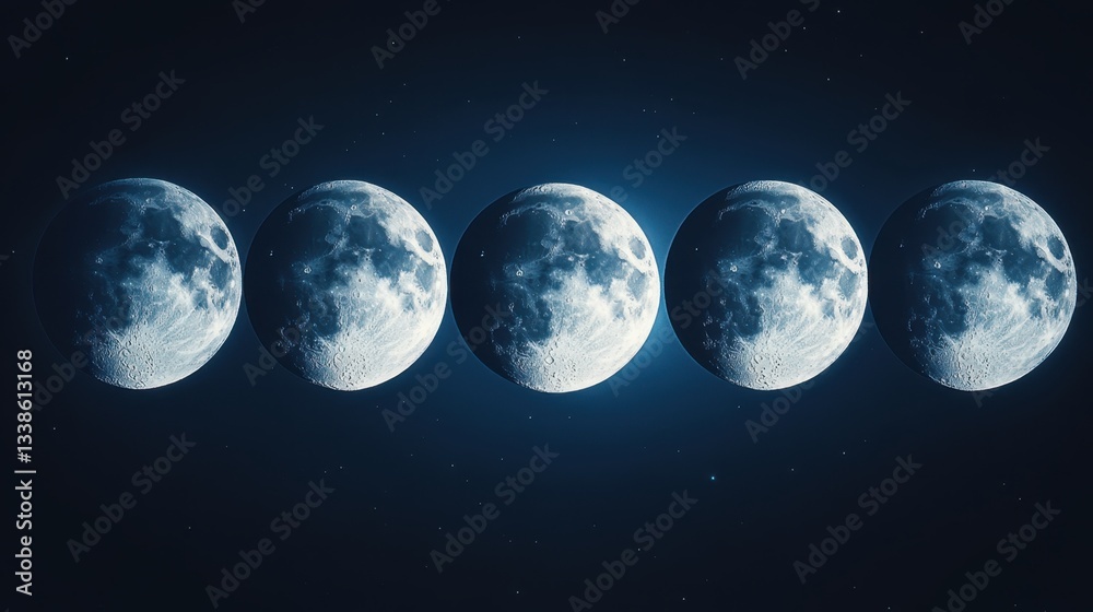 Obraz premium Five Full Moons in a Row Against a Dark Blue Starry Sky Showing Lunar Phases and Celestial Beauty in a Night Scene