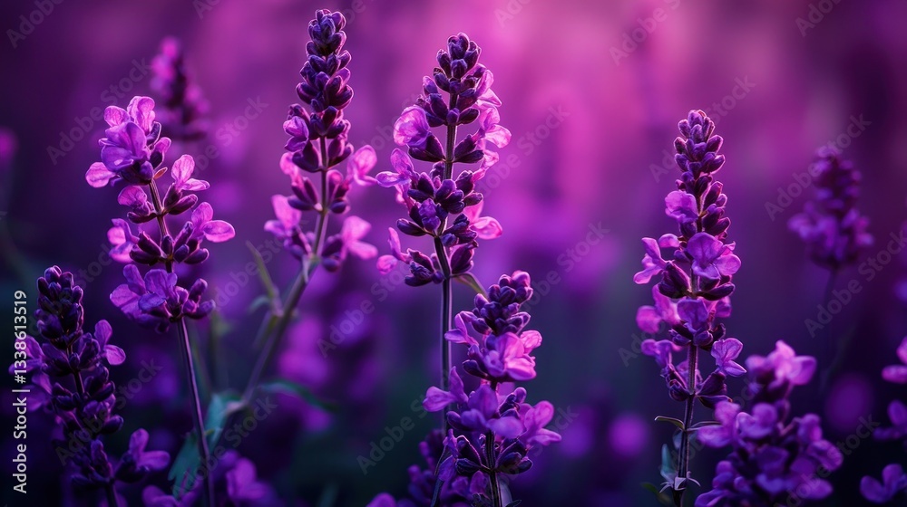 Fototapeta premium Beautiful purple flowers illuminated by a soft ethereal background