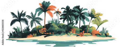 Tropical island with lush palm trees and vibrant foliage by turquoise waters.