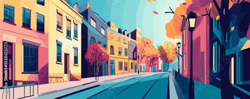 Colorful autumn urban street with vibrant buildings and trees on a sunny day.