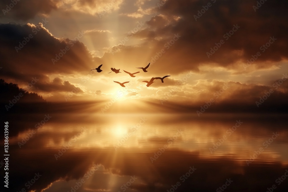 Fototapeta premium Golden sunrise reflected on calm water with birds flying in the sky