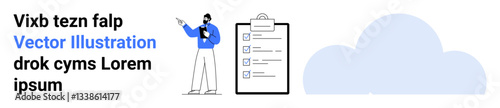 Man holding clipboard, analyzing tasks on a digital checklist. Cloud icon emphasizing data storage and management. Ideal for planning, productivity, organization, data storage, management, workflow