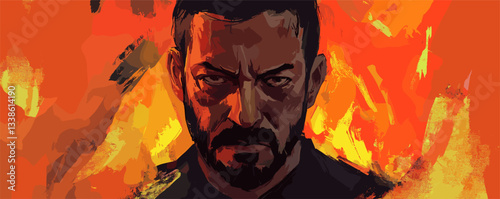 Intense man staring with fiery background in dramatic art illustration.