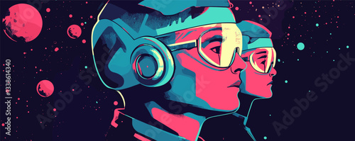 Futuristic neon-style art of two young adults in space helmets and glasses, staring into the stars.