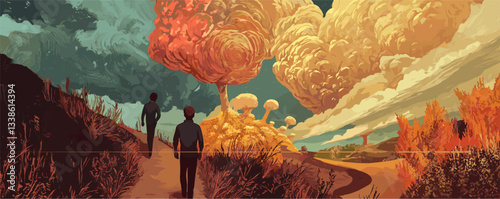 Surreal landscape with two people walking under vibrant sky and colorful trees in autumn.