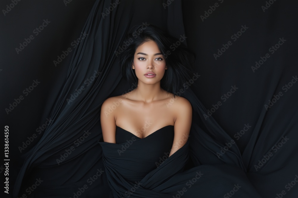 Fototapeta premium Elegant studio portrait of a woman wrapped in flowing black fabric
