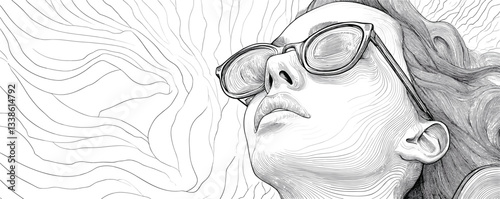 Line art of contemplative woman in sunglasses with flowing hair in abstract pattern.