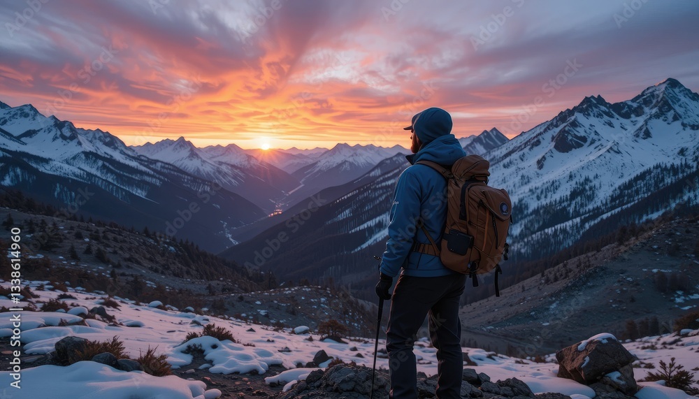 Fototapeta premium Hiker Appreciating a Vibrant Winter Dawn in a Magnificent Mountain Scene
