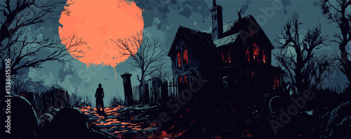 Silhouetted figure approaching spooky house on moonlit night with eerie atmosphere.