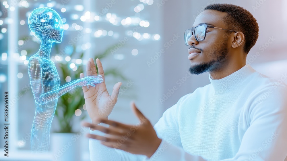 Young Man Interacts With Digital Figure In Home Office