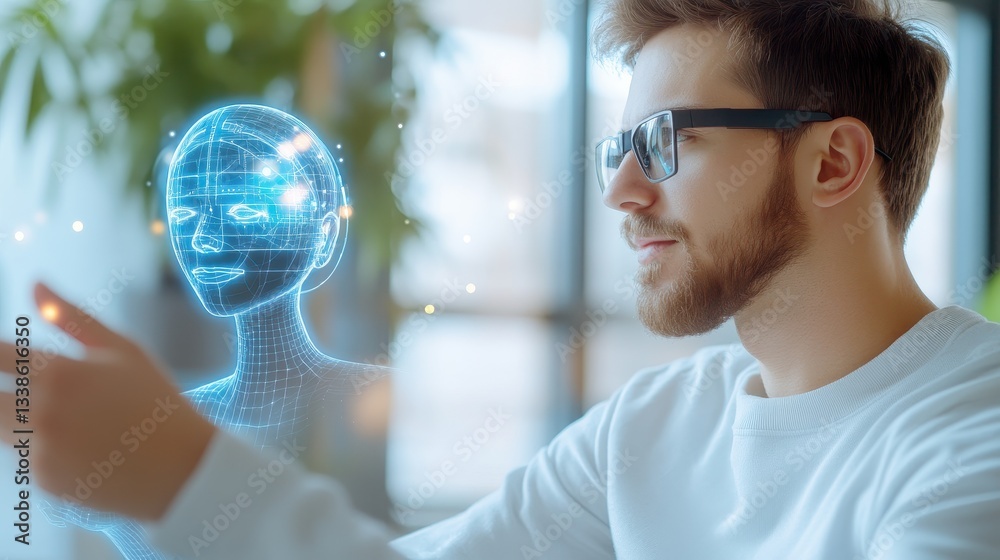 Man Engages With A Digital Holographic Avatar Body.